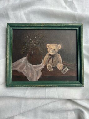 “Little Keepsake” Green Framed Teddy Bear Still Life Wall Art